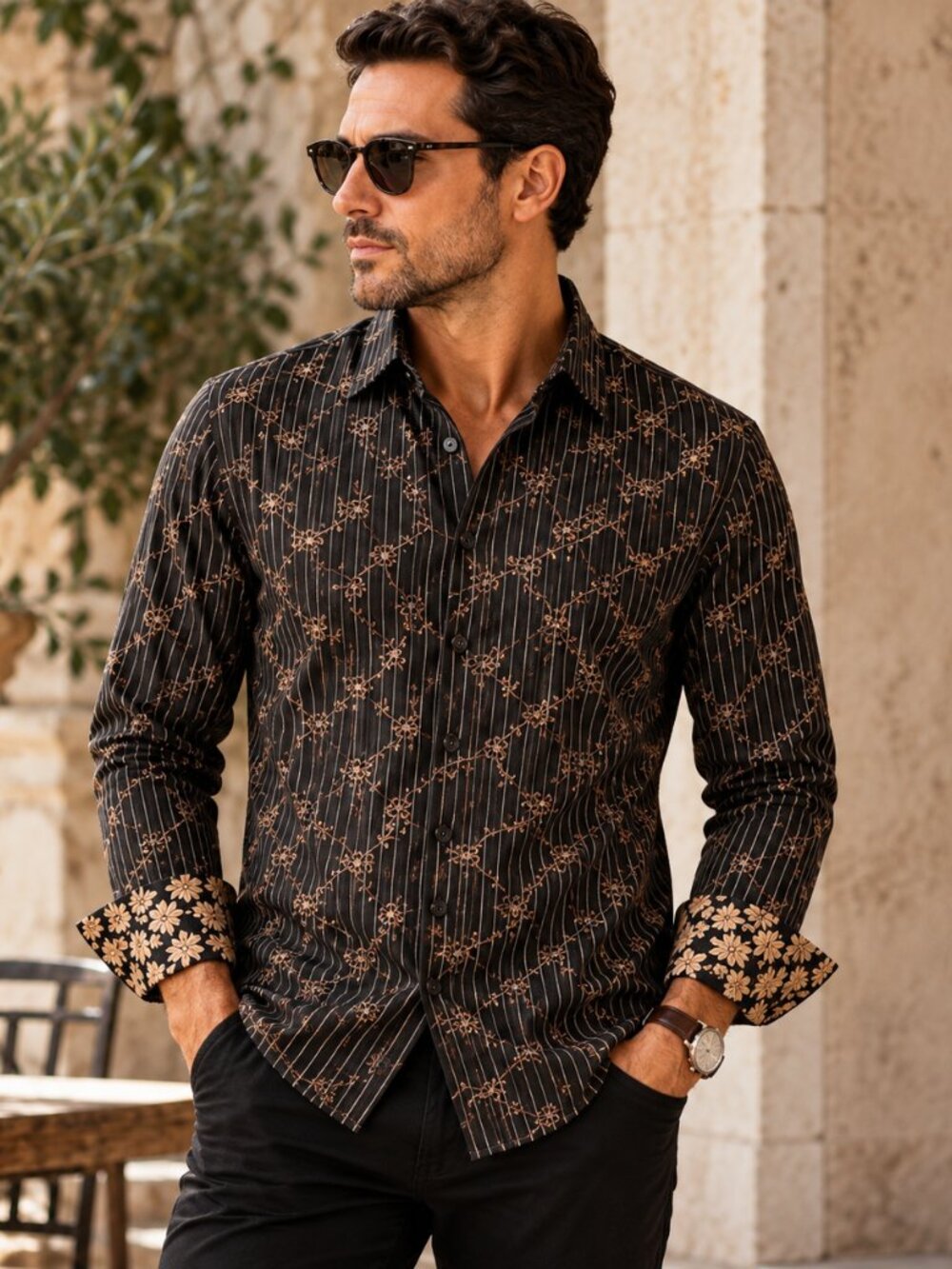 Bugatchi Uomo Shirt Mens L Brown Floral Stripe Button Up Designer Luxury Italy